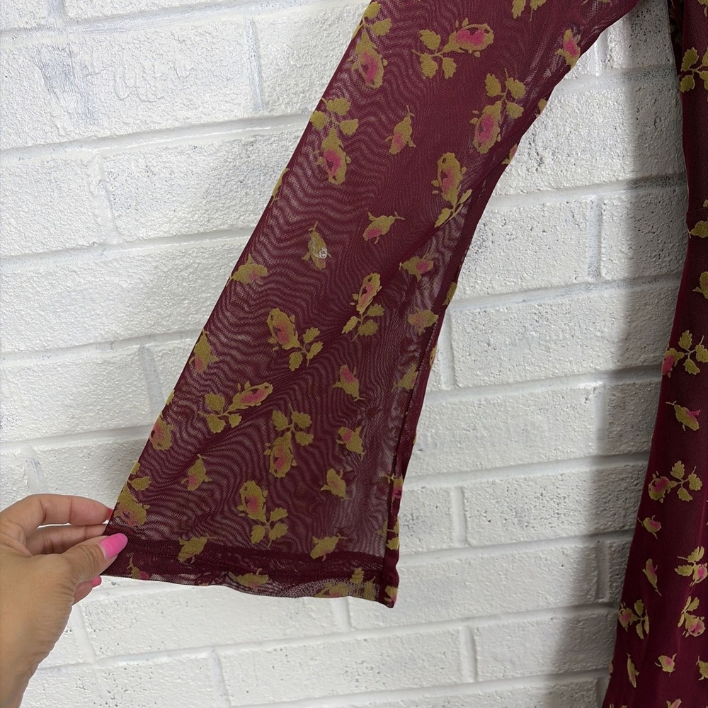 Betsey Johnson Dress Womens S Burgundy Floral Mini Sheer Mesh Flare Sleeve - Picture 5 of 12
